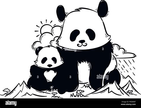 Vector Big And Small Giant Panda In The Mountains Vector Illustration