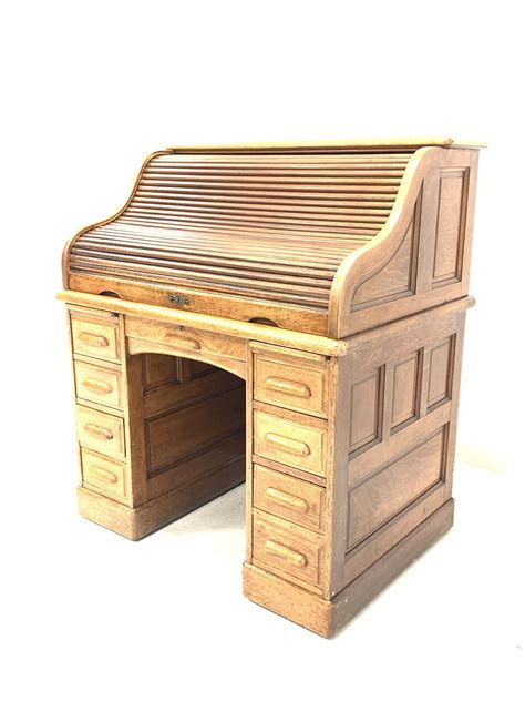 DS Early 20th Century Oak Roll Top Desk The Waterfall Tambour Front