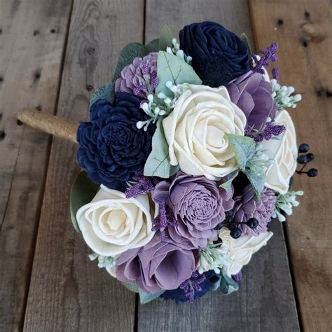 Dusty Lavender Navy Blue And Cream Wood Flower Bouquet