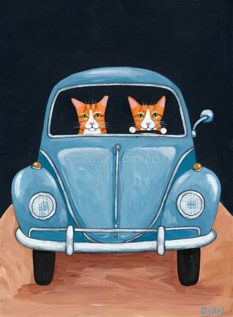 Ginger Kitties On A Road Trip Original Cat Folk Art Painting Folk Art