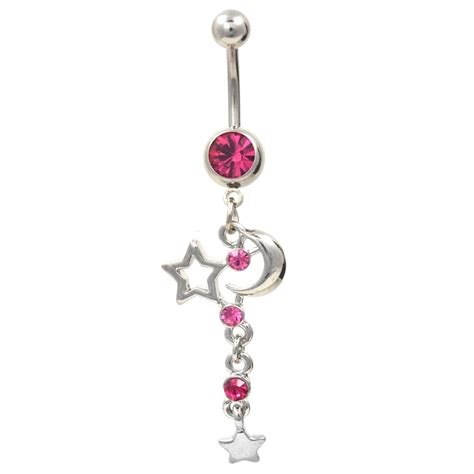 pink starry night moon and stars belly navel ring available in pink or clear