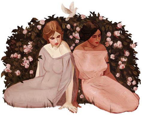 Two Women Sitting Next To Each Other In Front Of Pink Flowers And Birds On A White Background