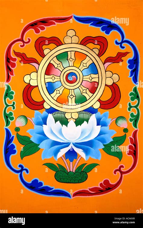 Tibetan Buddhism Painting Symbol Wheel Of Life Above Lotus Flower