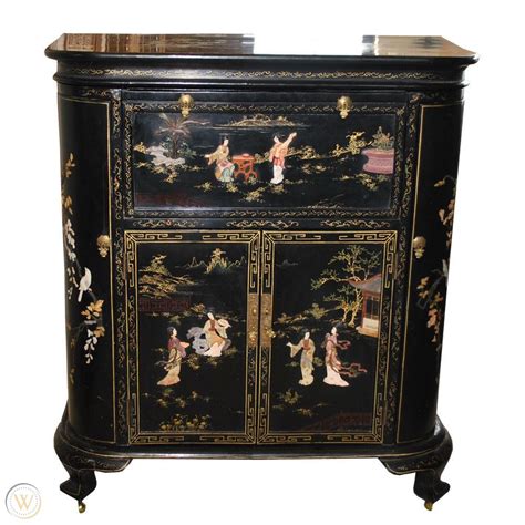 Antique 1930s Chinese Black Lacquer Liquor Cabinet Asian Bar 1828056359