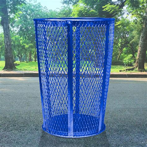 Blue Waste Barrel Tough Metal Mesh Outdoors Trash Cans Warehouse