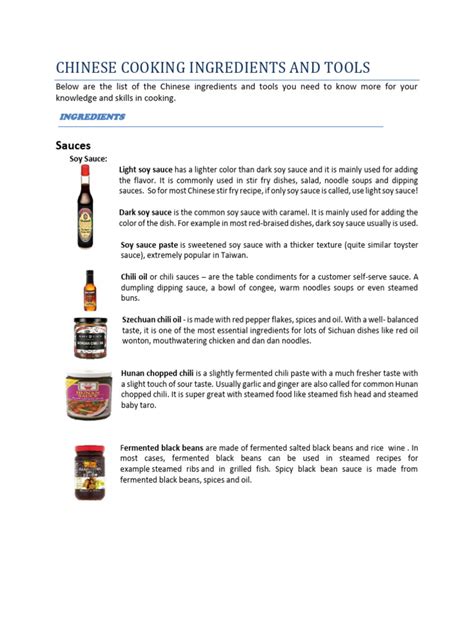 Chinese Cooking Ingredients And Tools Pdf Chinese Cuisine Sauce