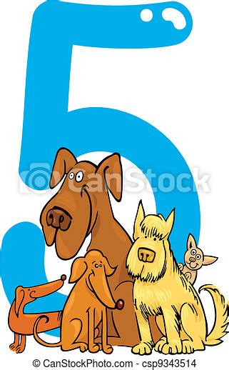 Number Five And 5 Dogs Cartoon Illustration With Number Five And Dogs