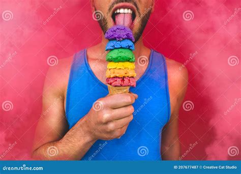 Fit Homosexual Man Licking Colourful Lgbt Rainbow Ice Cream Lgbt Rights Support Stock Image