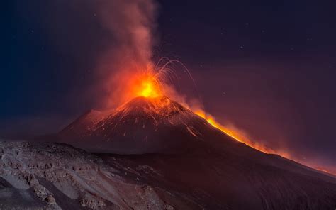 Volcano Lava Eruption Night Stars Mountain Hd Wallpaper Nature And