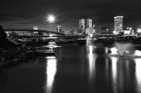 Night Tulsa Skyline Centennial Park Reflections Black And White