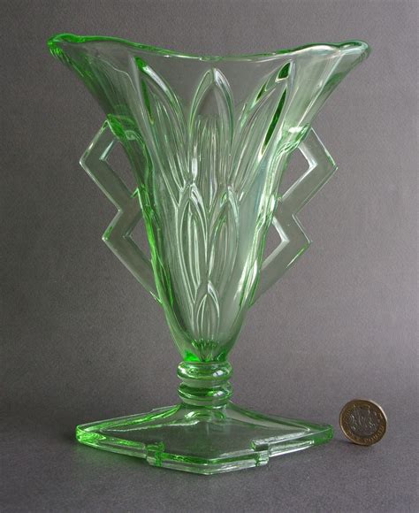 Art Deco Stolzle Green Uranium Pressed Glass Vase On Ebid United Kingdom 194021454
