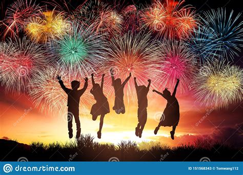 Children Jumping And Watching The Fireworks Stock Image Image Of