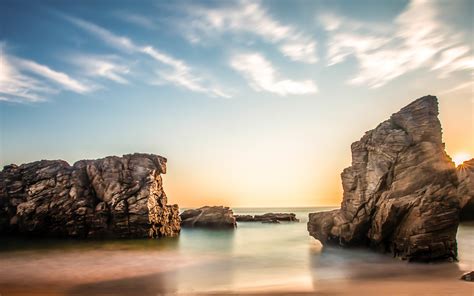 Sea Beach Rocks Sun Sunrise Morning Sky Clouds Wallpapers Hd