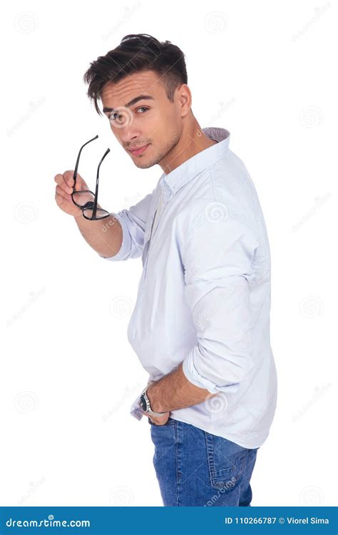 Side View Of A Casual Man Taking Off His Glasses Stock Image Image Of Model Clothes 110266787