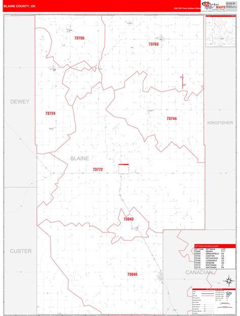 Blaine County Ok Zip Code Wall Map Red Line Style By Marketmaps