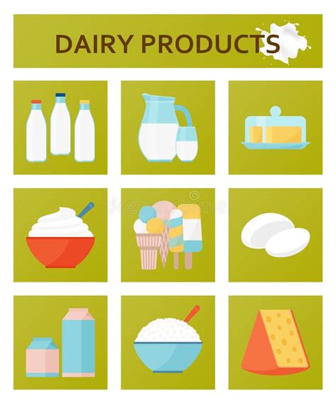 Dairy Products Flat Set Vector Illustration Stock Vector