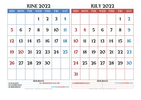 June And July 2022 Printable Calendar Printable Word Searches