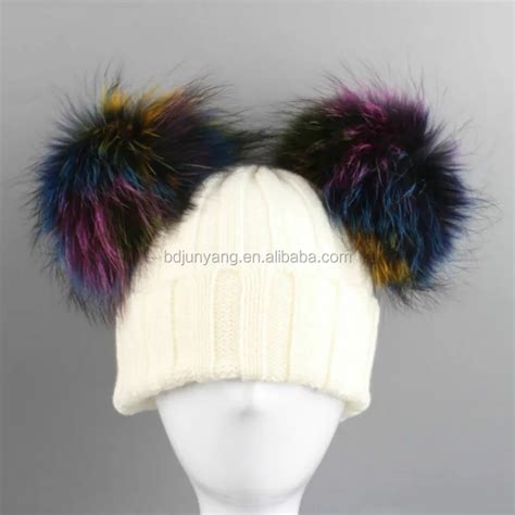 Lovely Beanie Hat With Two Raccoon Fur Balls Women Sex Pom Hat Winter Hat Custom Logo Buy