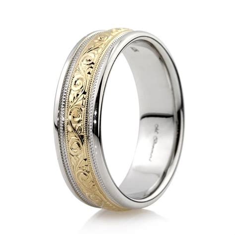 Mens Two Tone Hand Engraved Wedding Band In 14k White And Yellow Gold