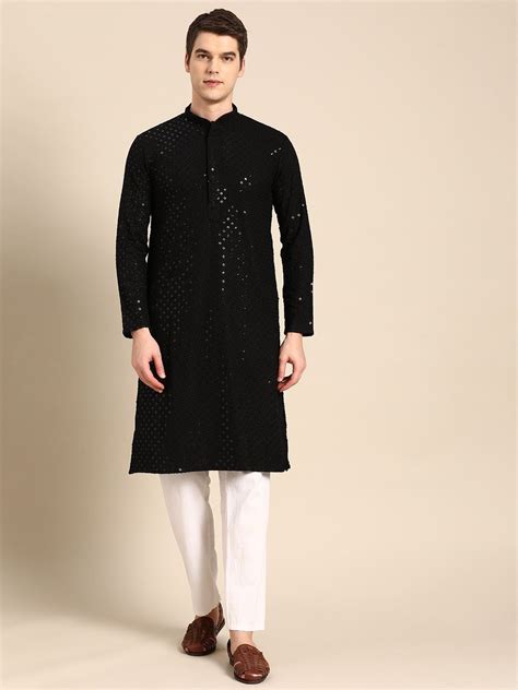 Black Sequin Embellished Chikankari Kurta For Men Online India Color Black Sizekurta 40