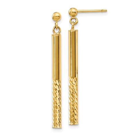 14k Yellow Gold Polished And Diamond Cut Bar Dangle Post Earrings TH954