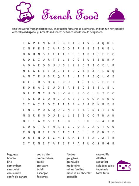Free Printable Word Search Featuring French Foods 27 Words From