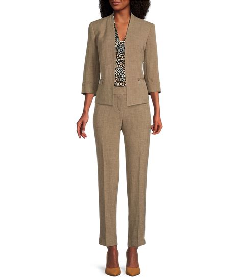 Kasper Pebble Stretch Crepe Open Front 3/4 Rolled Sleeve Zipper Pocket