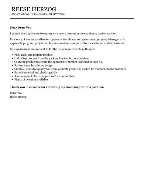 Warehouse Packer Cover Letter | Velvet Jobs