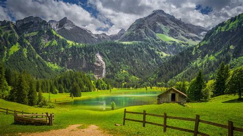 Alps Fence Forest Lake Switzerland Waterfall 4k Hd Nature Wallpapers