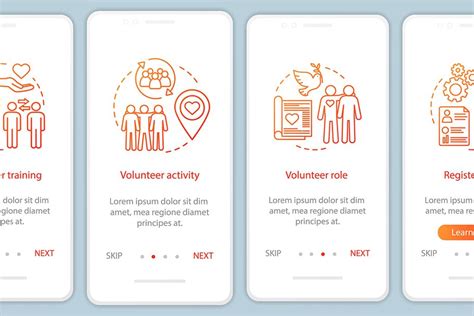 Volunteering Types Mobile App Pages Pre Designed Vector Graphics