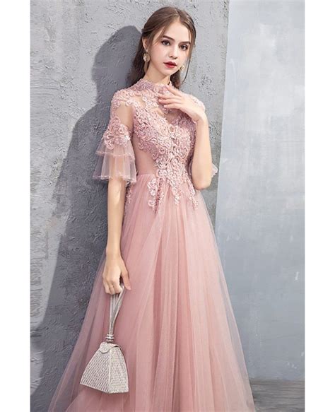 Gorgeous Beaded Pink Long Prom Dress Tulle With Flare Sleeves Beading Dm69039