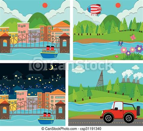 EPS Vector Of Four Scene Of Rural And Urban Area Illustration