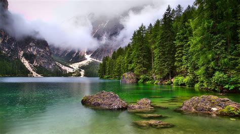 Mountain Rocks Water Cloud Lake Trees Hd Wallpaper