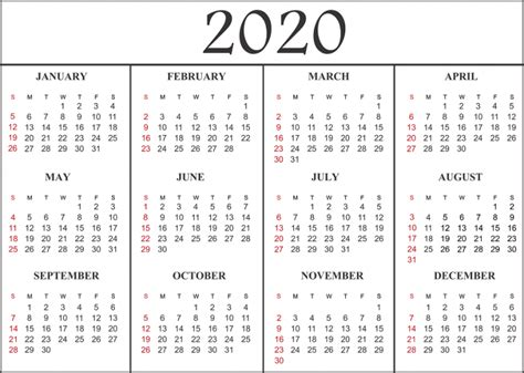 Yearly 2020 Printable Calendar Templates Pdf Word Excel Free