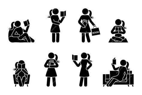 Premium Vector Stick Figure Woman Reading Book Different Poses Icon