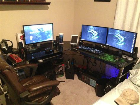White L Shaped Desk Gaming Setup Its Monitor Stand Is Elevated And