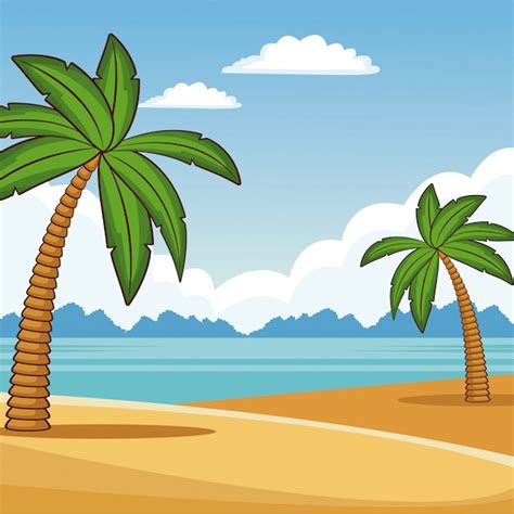 Premium Vector Beautiful Beach Scenery Colorful Cartoons