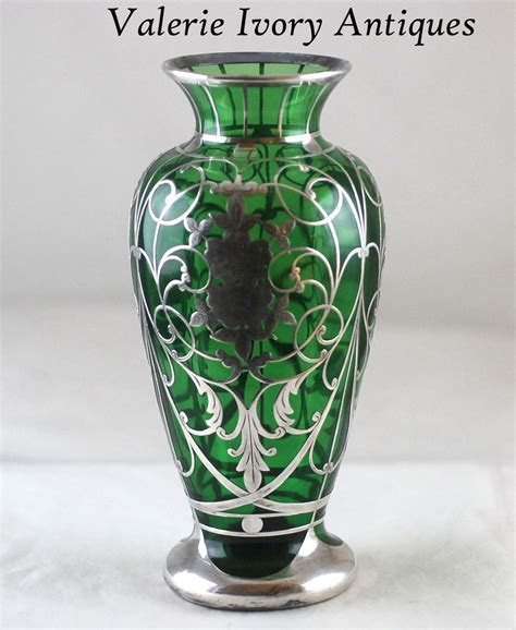 Large Green Glass Sterling Silver Overlay Vase Circa 1900 Vase S51