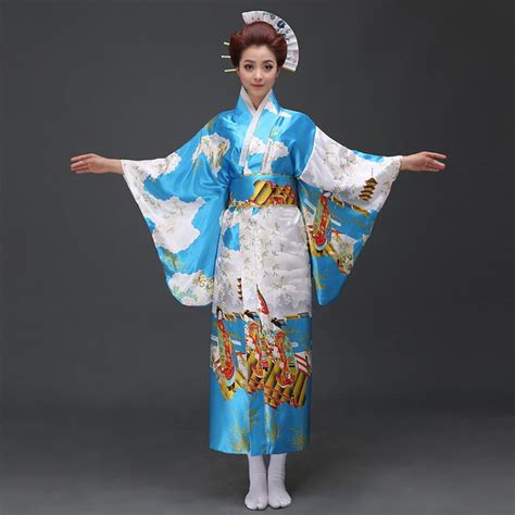 Blue Traditional Japanese Women Kimono Yukata With Obi Sexy Party Dress