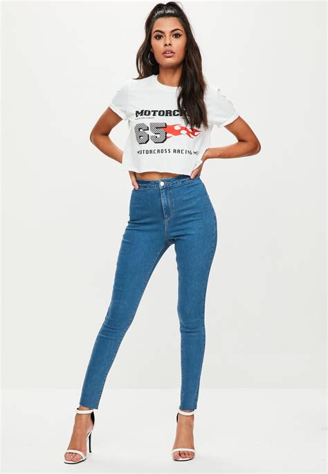 Missguided Blue Vice High Waisted Skinny Jeans Stretch Denim Fabric Oversized Denim Shirt