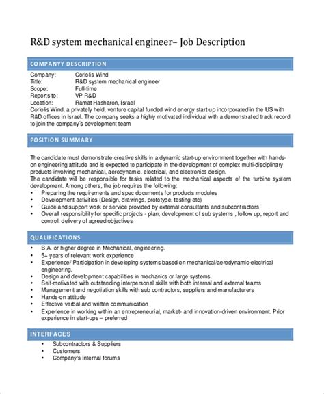 For additional example job descriptions, search for listings on your favorite online job boards. FREE 10+ Sample Mechanical Engineering Job Description ...