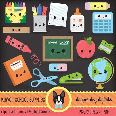 Kawaii School Supplies Clipart Pack Commercial Use Vector Etsy
