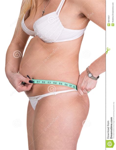Overweight Woman Measuring Waistline With Centimete Stock Image Image