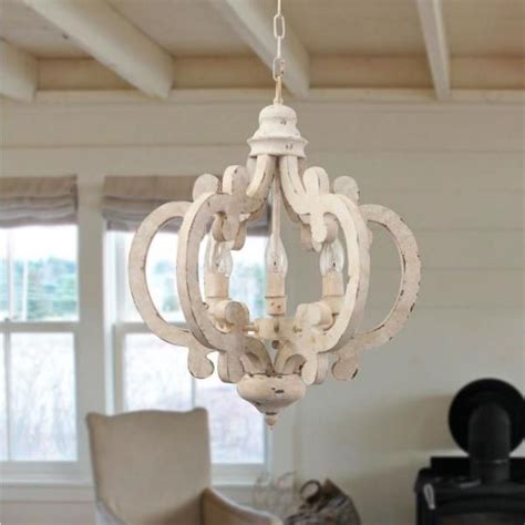 Cottage Chic Crown 6 Light Distressed White Wood Chandelier With