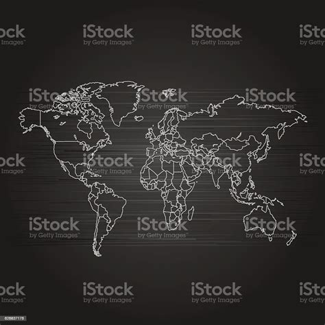 World Map Grey Outline On Black Gradient Lines Background Stock