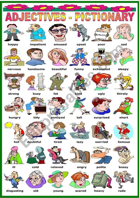 Adjectives Pictionary Bandw Version Included Esl Worksheet By