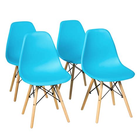 Gymax Set Of 4 Mid Century Modern Dsw Dining Side Chair Wood Legs Blue