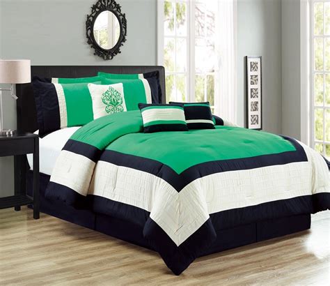 Coordinated with a crisp shirting stripe on the comforter reverse and. 7 Piece Color Block Green/Black/Ivory Comforter Set