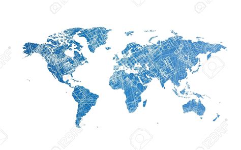 World Map With Texture Of Architectural Blueprints Concept World