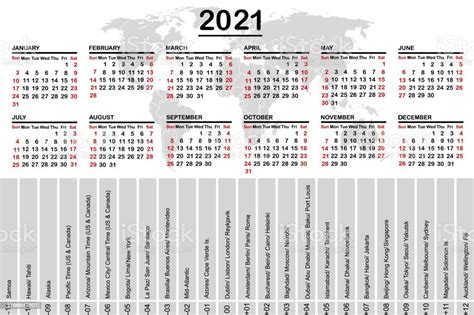 2021 Kalender Mit Weltkarte Und Zeitzonen Stock Vektor Art Und Mehr